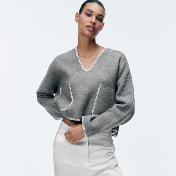New ZARA Contrast Topstitching Crop Knit Sweater - Picture 2 of 8